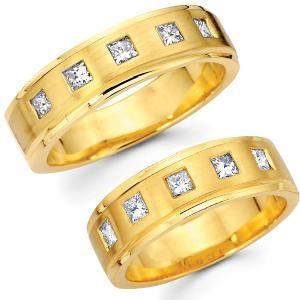 14K Yellow Gold Princess Bezel Set Diamond Wedding Bands