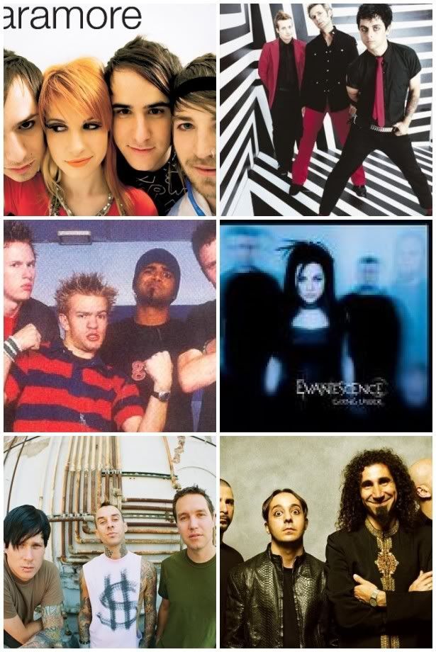 Paramore, Green Day, Sum 41, Evanesceance, Blink 182, and System of a down