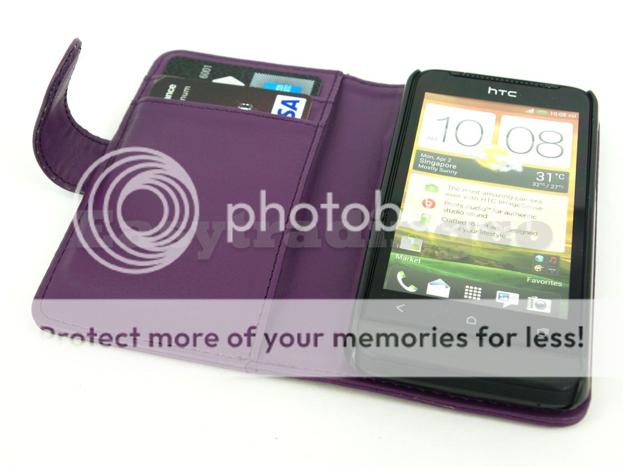 Purple Book Agenda Type Leather Case HTC One V T320e with Card Slots