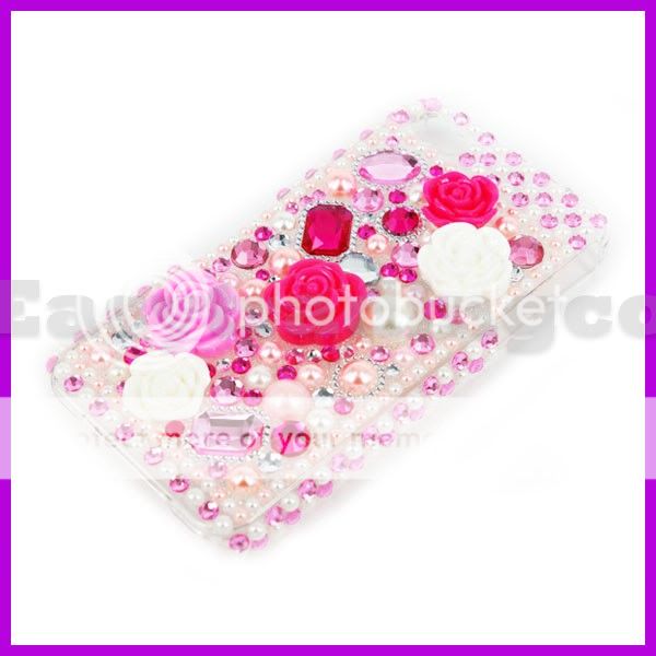 Crystal Bling Case for iPhone 4 4S Pink White Flower  